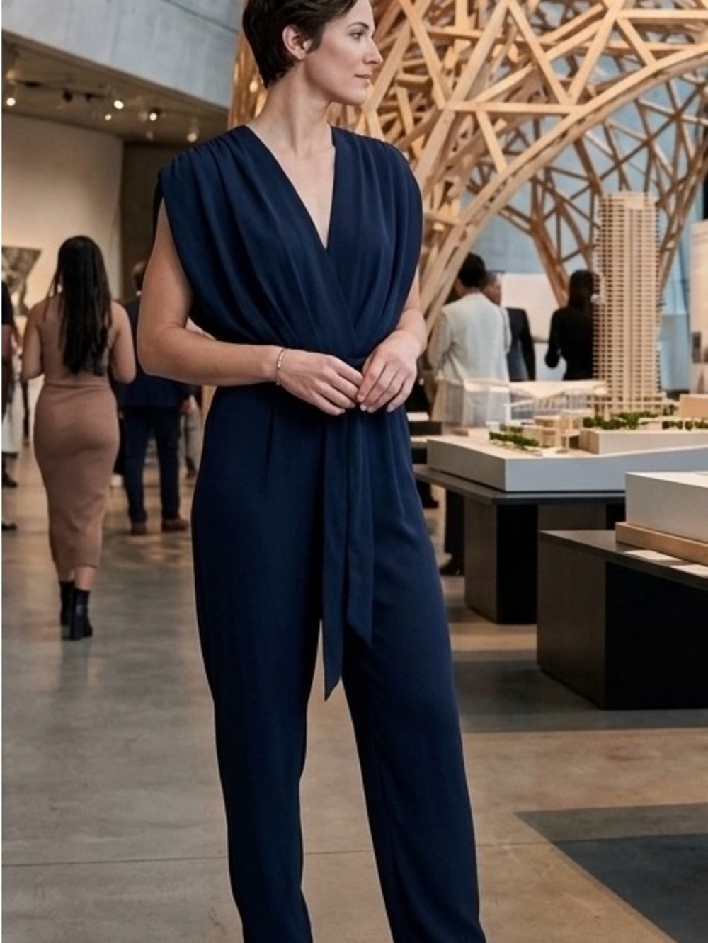 Pearl by Lela Rose fluid crepe jumpsuit navy blue 12 nwt $465